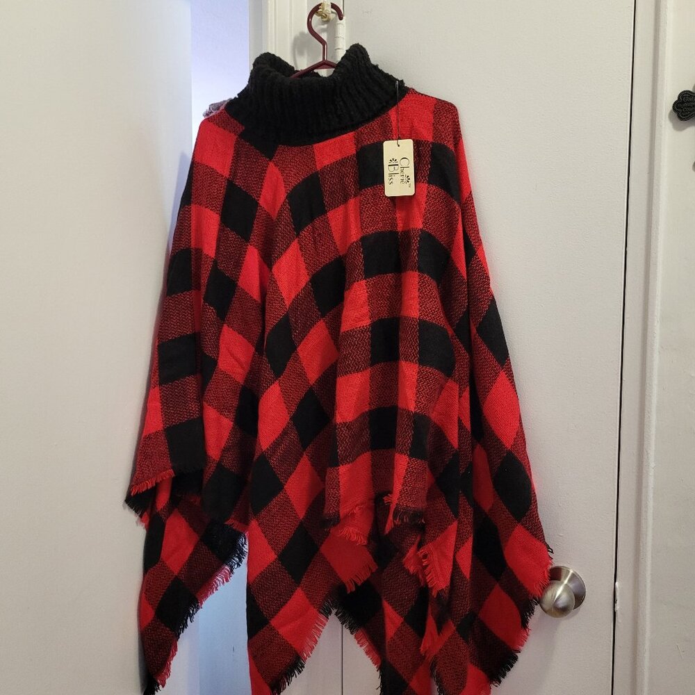 LADIES  PLAID TURTLENECK PONCHO